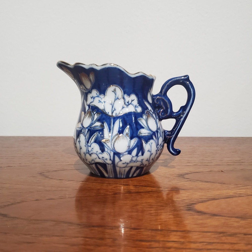 Vtg HaiDoCo Vietnam Blue White Porcelain Creamer‎ Pitcher Lotus Gold Trim 4.25"